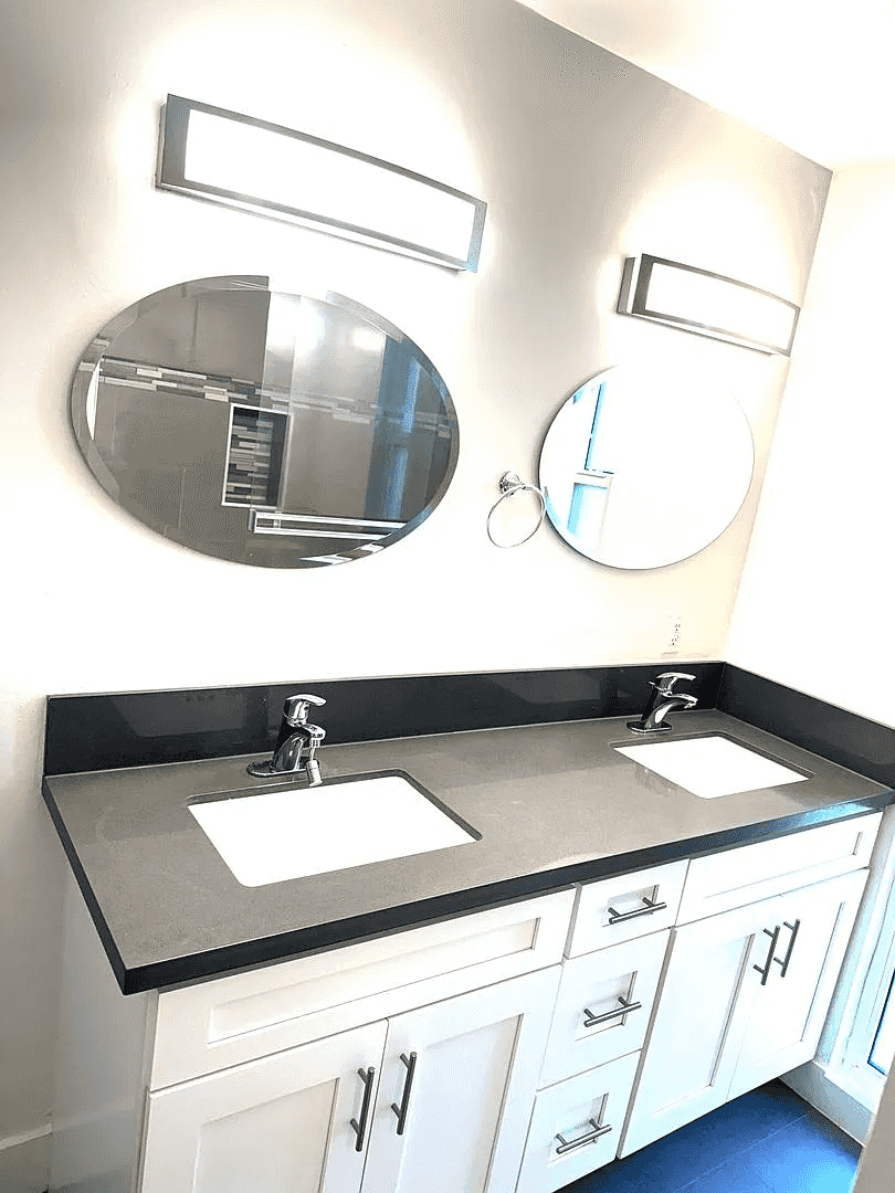 modern bathroom with dual sink vanity